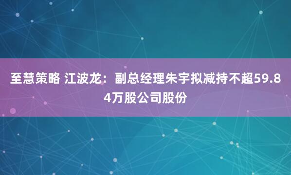 至慧策略 江波龙：副总经理朱宇拟减持不超59.84万股公司股份