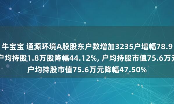牛宝宝 通源环境A股股东户数增加3235户增幅78.96%, 流通A股户均持股1.8万股降幅44.12%, 户均持股市值75.6万元降幅47.50%
